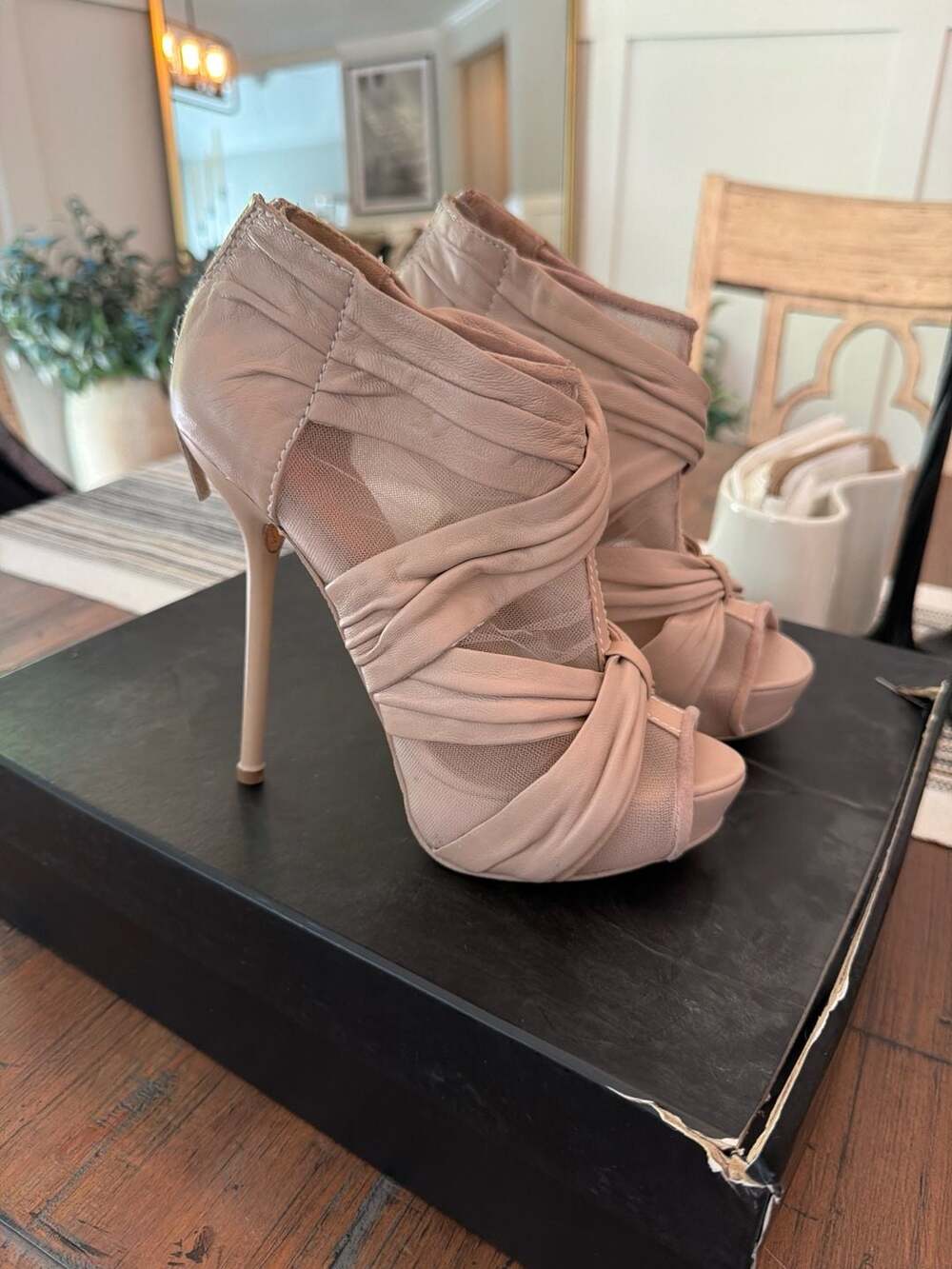L.A.M.B. Roslea Crepe Nude Mesh Platform Stiletto Heels Size 7M